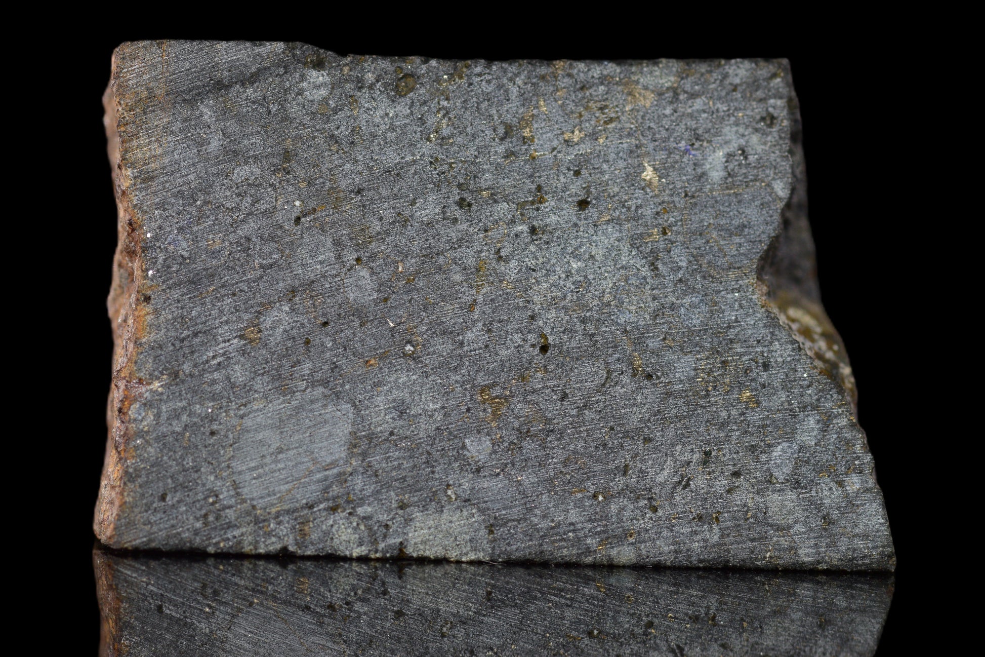 NWA 14224 LL3 meteorite slice weighing 4.07 grams with a dark, textured surface and metallic mineral inclusions.