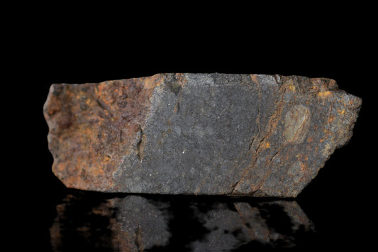 NWA 14224 LL3 meteorite slice weighing 5.82 grams, showing dark, textured surface with mineral inclusions.