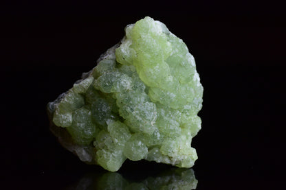 Prehnite and actinolite crystal duo from Boulemane, Morocco, showcasing vibrant green mineral specimens.