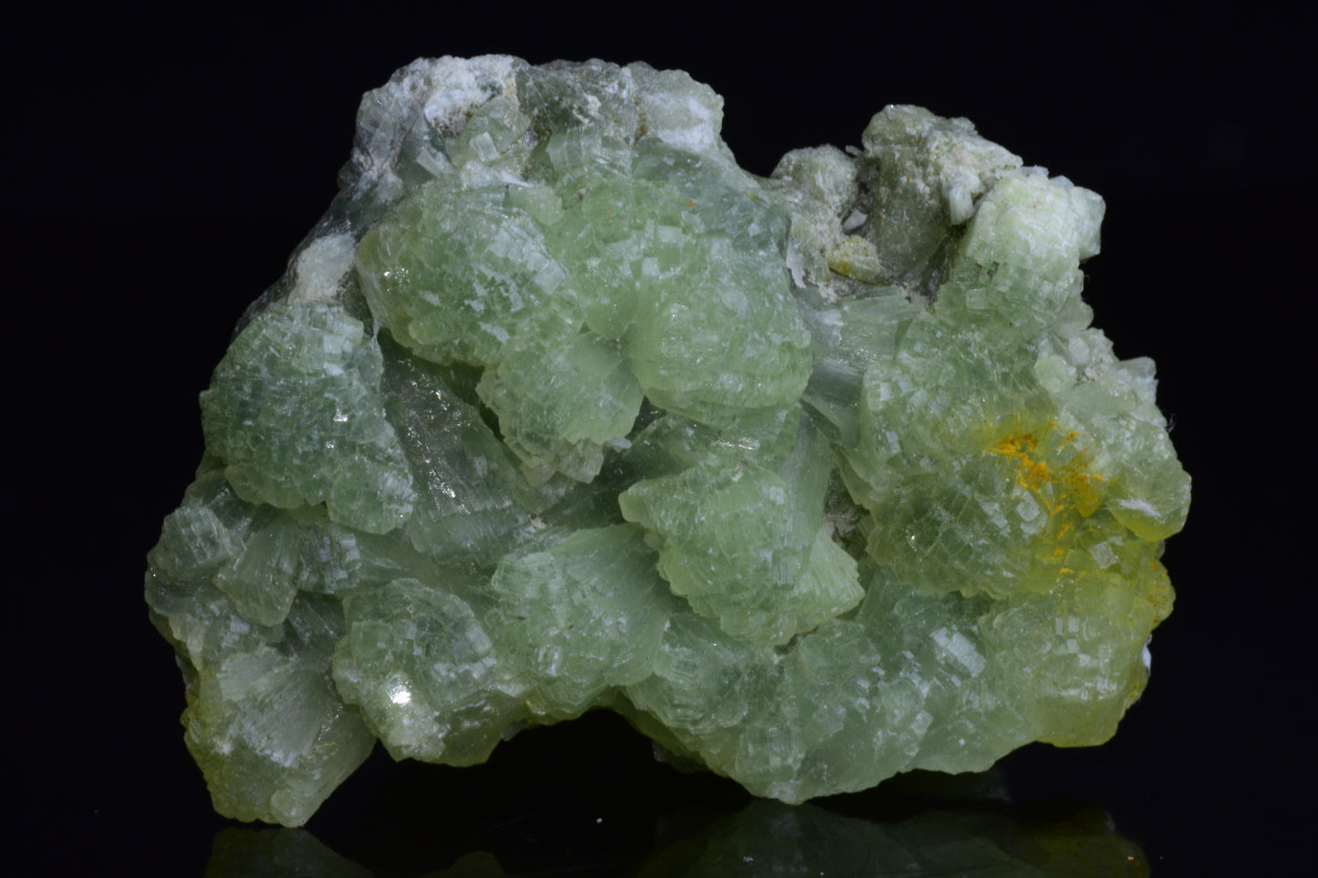 Green prehnite and actinolite crystal from Boulemane, Morocco, showcasing vibrant mineral formations and natural crystal structure.