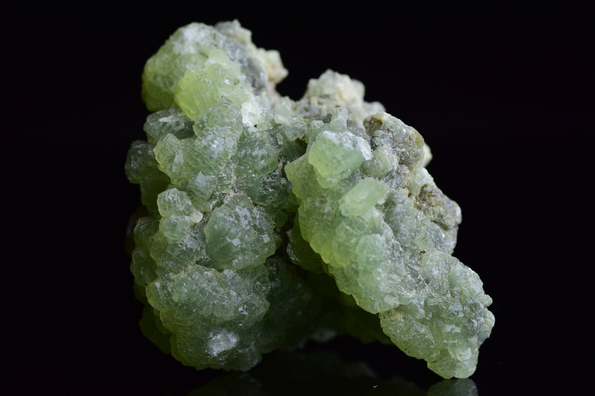 Prehnite and actinolite crystal from Boulemane, Morocco, showcasing vibrant green mineral formations and mineral veining.