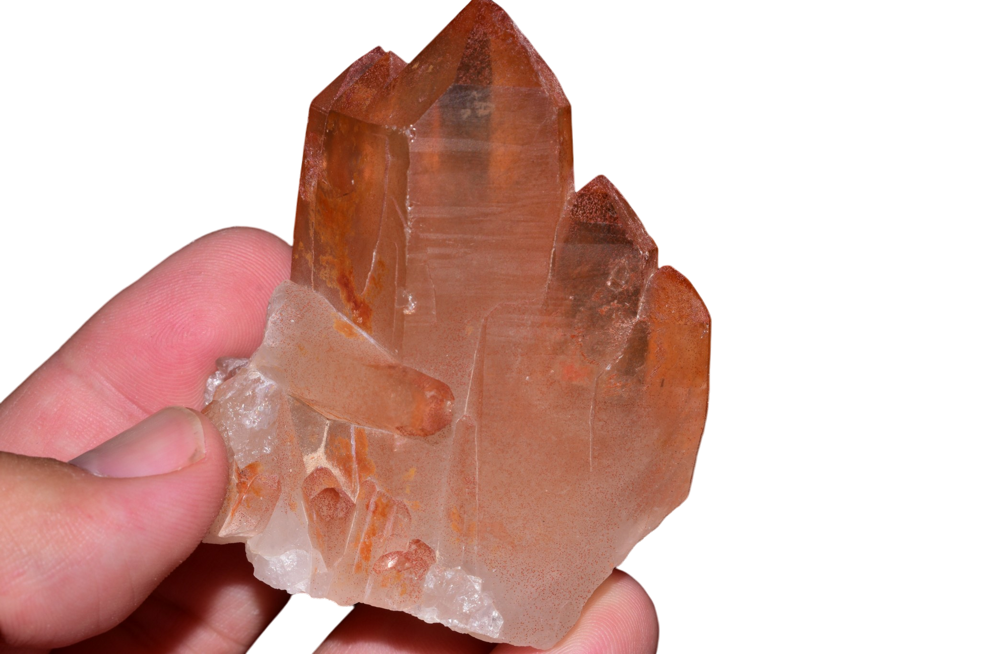 Natural red quartz cluster displayed on acrylic stand, Errachidia Province Morocco