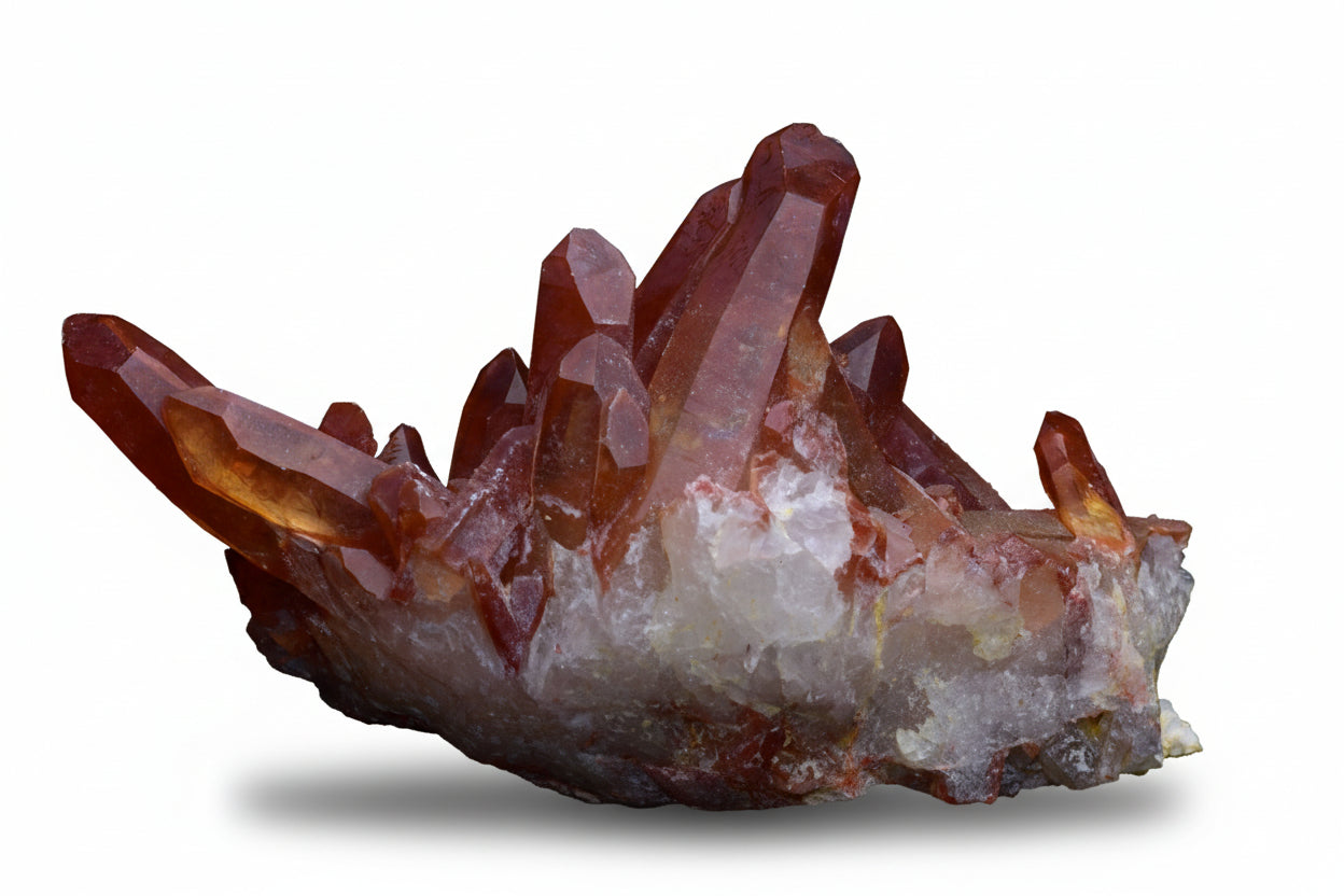 Large red quartz crystal cluster with ferruginous coloration from Tinejdad, Morocco, showcasing vibrant mineral formations.
