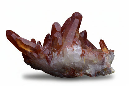 Large red quartz crystal cluster with ferruginous coloration from Tinejdad, Morocco, showcasing vibrant mineral formations.