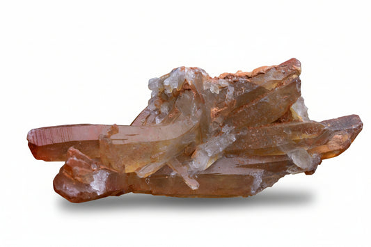 Red ferruginous quartz crystal cluster from Tinejdad Morocco weighing 57.3g with iron oxide coloration.