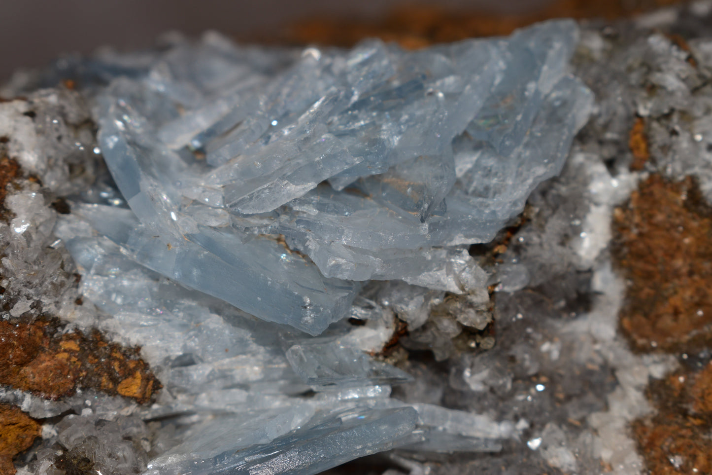 Buy Meteorite LLC blue barite mineral specimen with lustrous transparent bladed crystals from Jebel Ouichane, Morocco.
