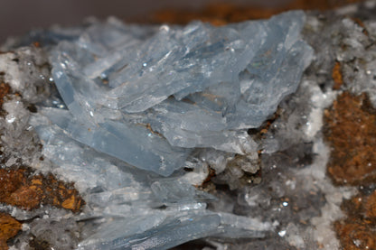 Buy Meteorite LLC blue barite mineral specimen with lustrous transparent bladed crystals from Jebel Ouichane, Morocco.