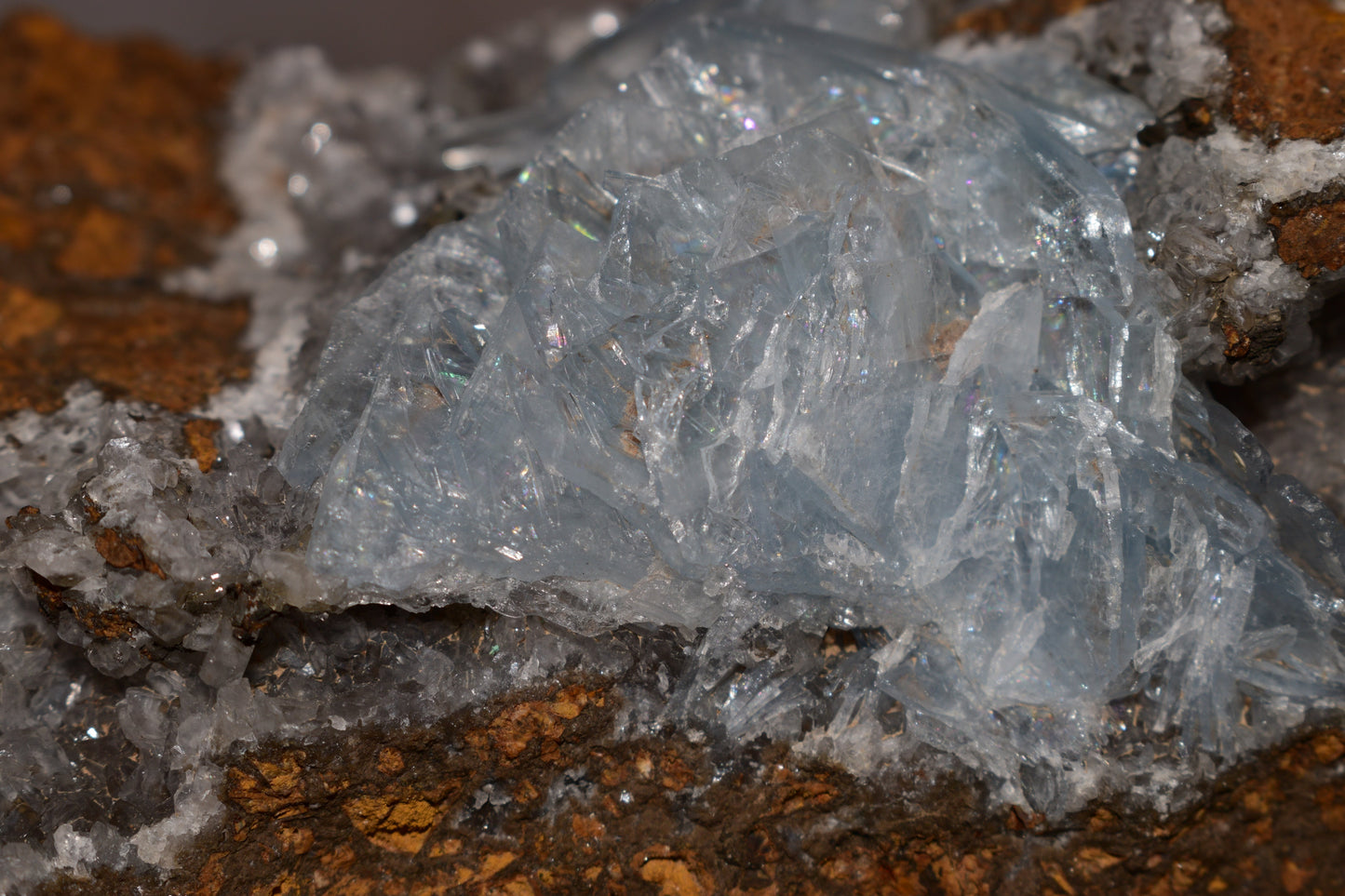 Buy Meteorite LLC blue barite specimen from Morocco featuring lustrous transparent bladed crystals on a mineral matrix