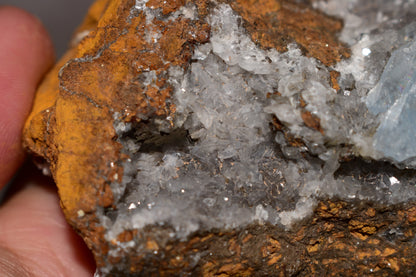 Buy Meteorite LLC blue barite specimen from Jebel Ouichane, Morocco, featuring lustrous crystals on a white matrix.