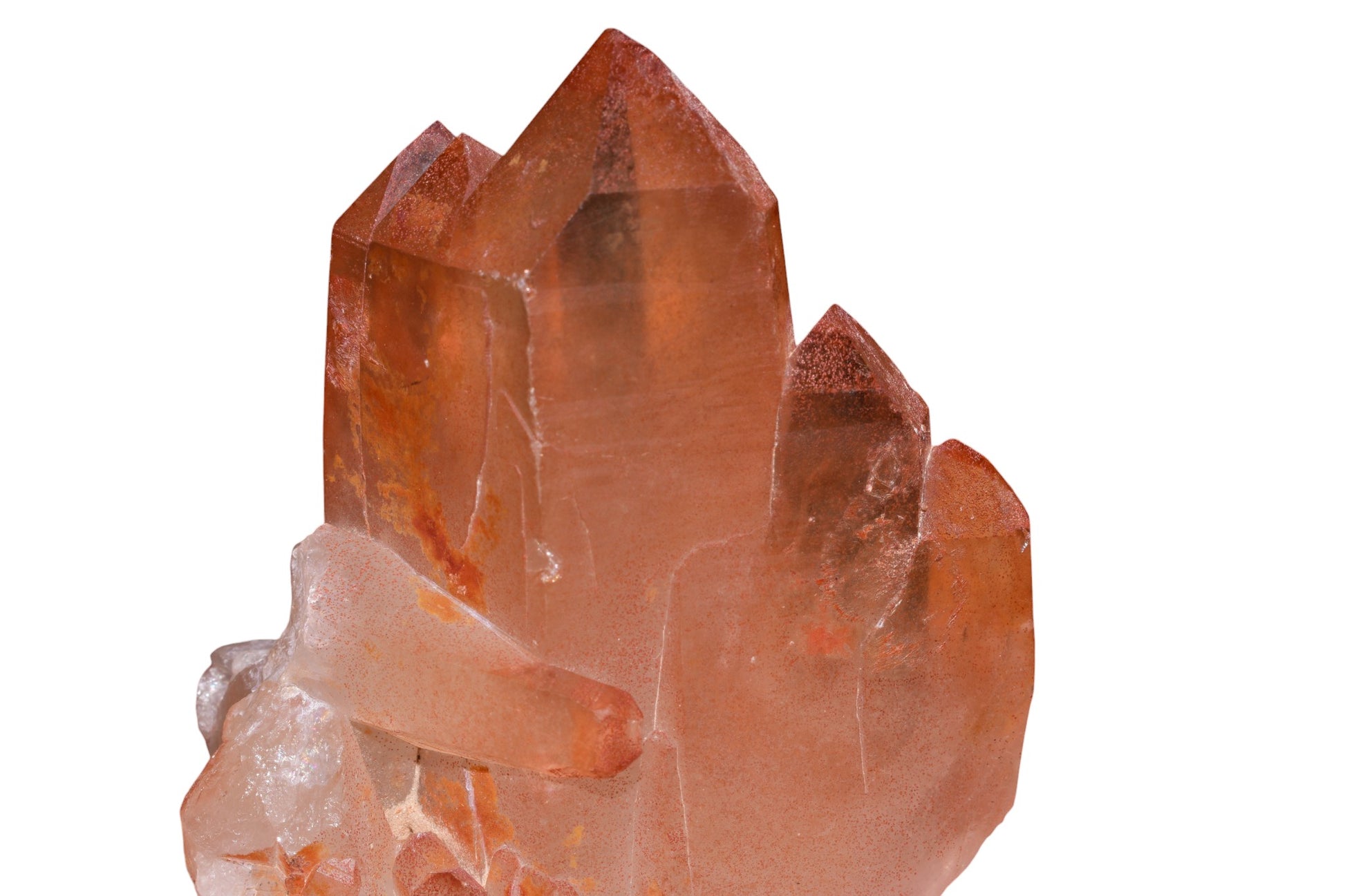 Buy Meteorite LLC red ferruginous quartz crystal cluster from Tinejdad, Morocco, featuring deep hematite-coated points.