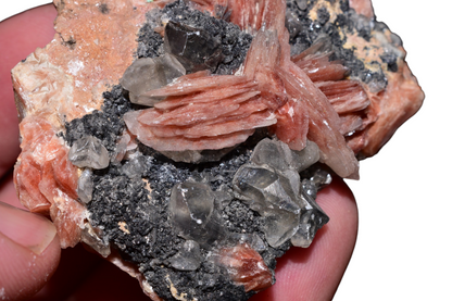 Side view of cerussite on barite mineral specimen with galena cubes – Mibladen, Midelt Province, Morocco