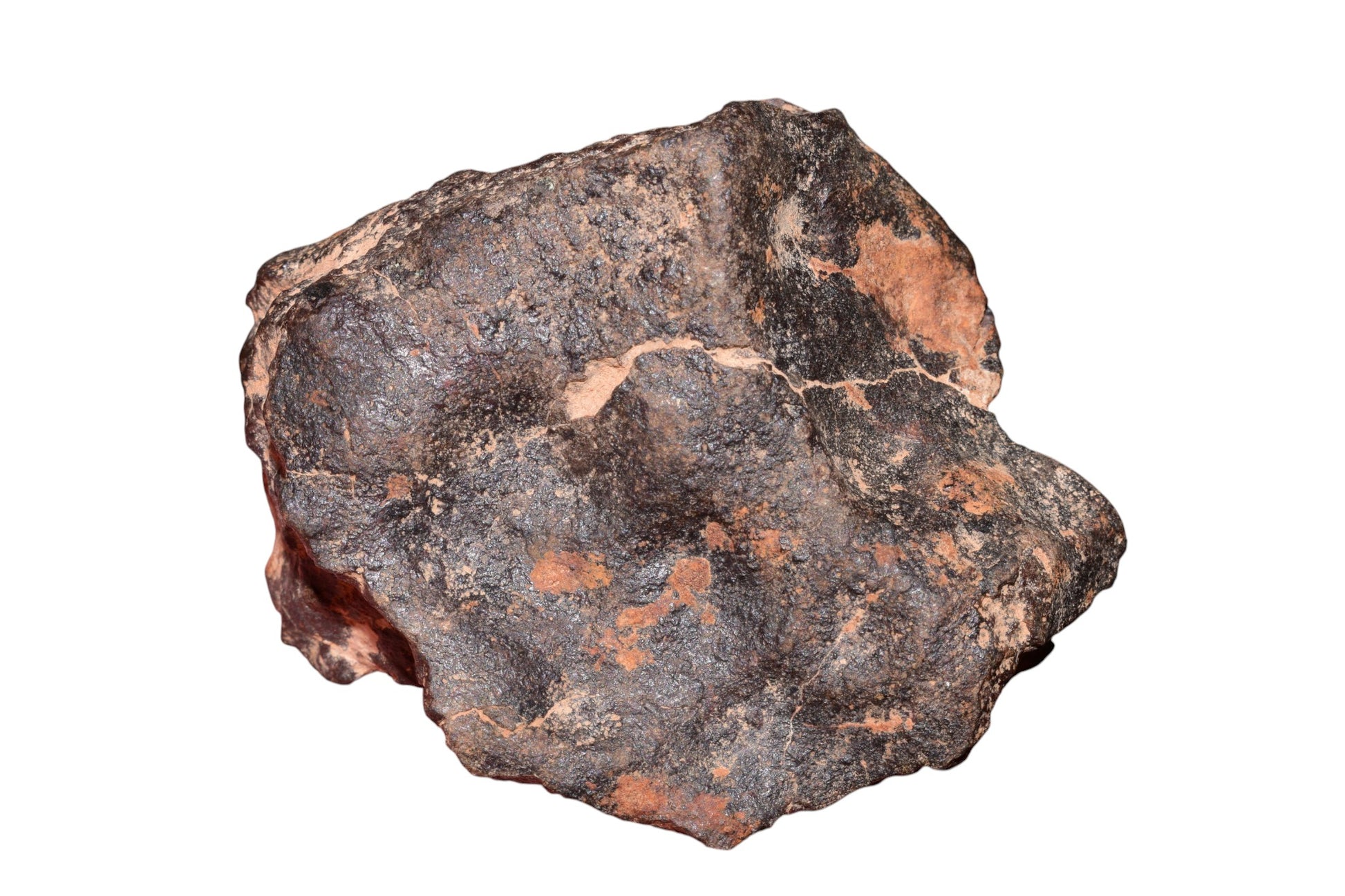 Chondrite meteorite 159g full fragment angular 3 quarter view natural surface texture Morocco