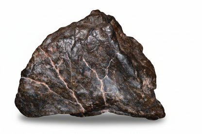 Complete natural fragment of NWA 13272 ungrouped achondrite meteorite, 17.7g, showcasing a dark, textured surface with mineral details.