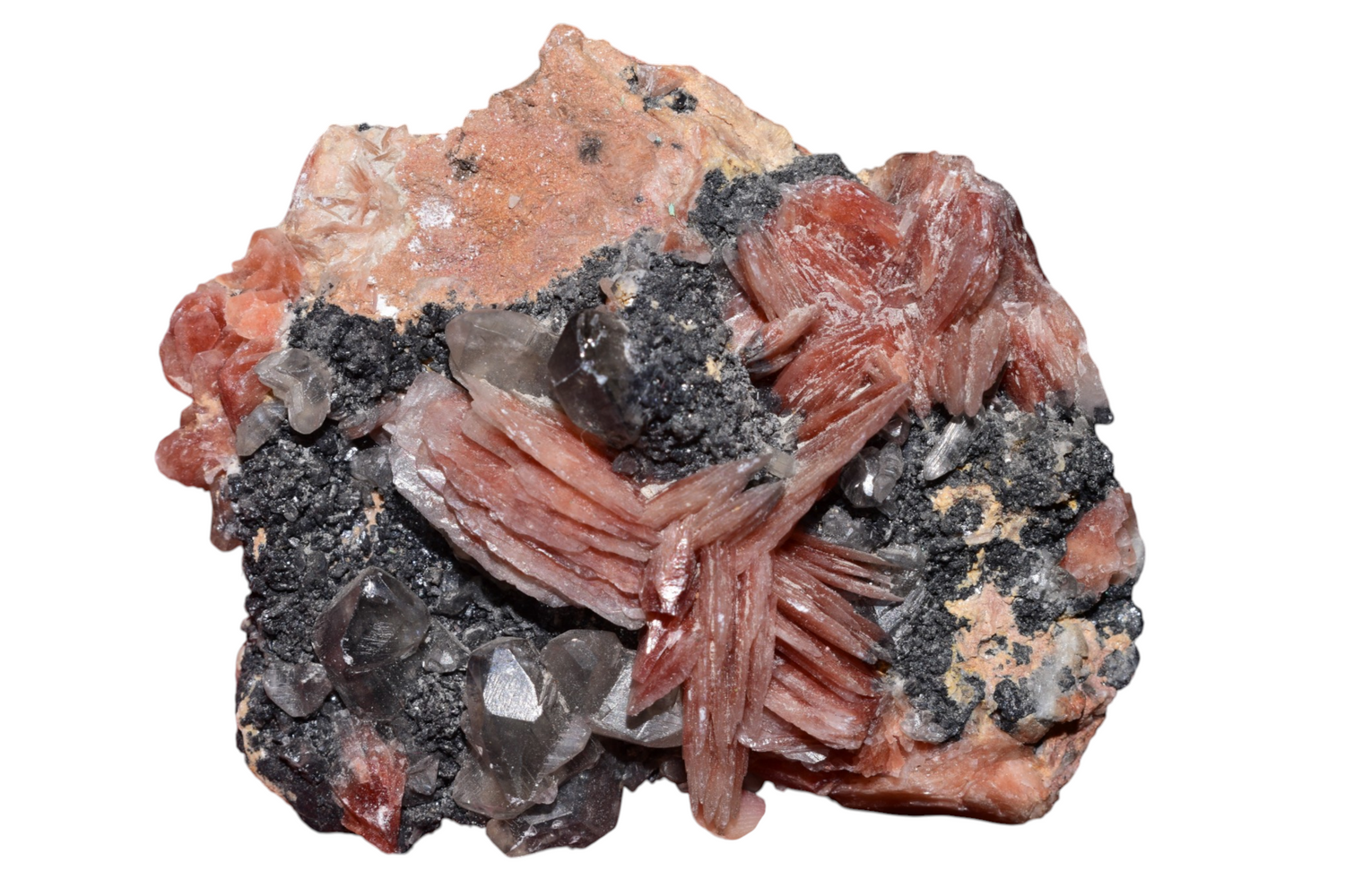 Cerussite on pink barite with galena cubes – Mibladen District, Morocco – 52x49x37mm specimen