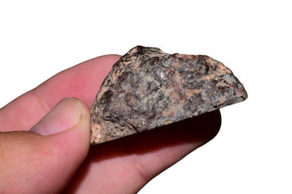 Moroccan chondrite meteorite 31g hand held showing dark fusion crust