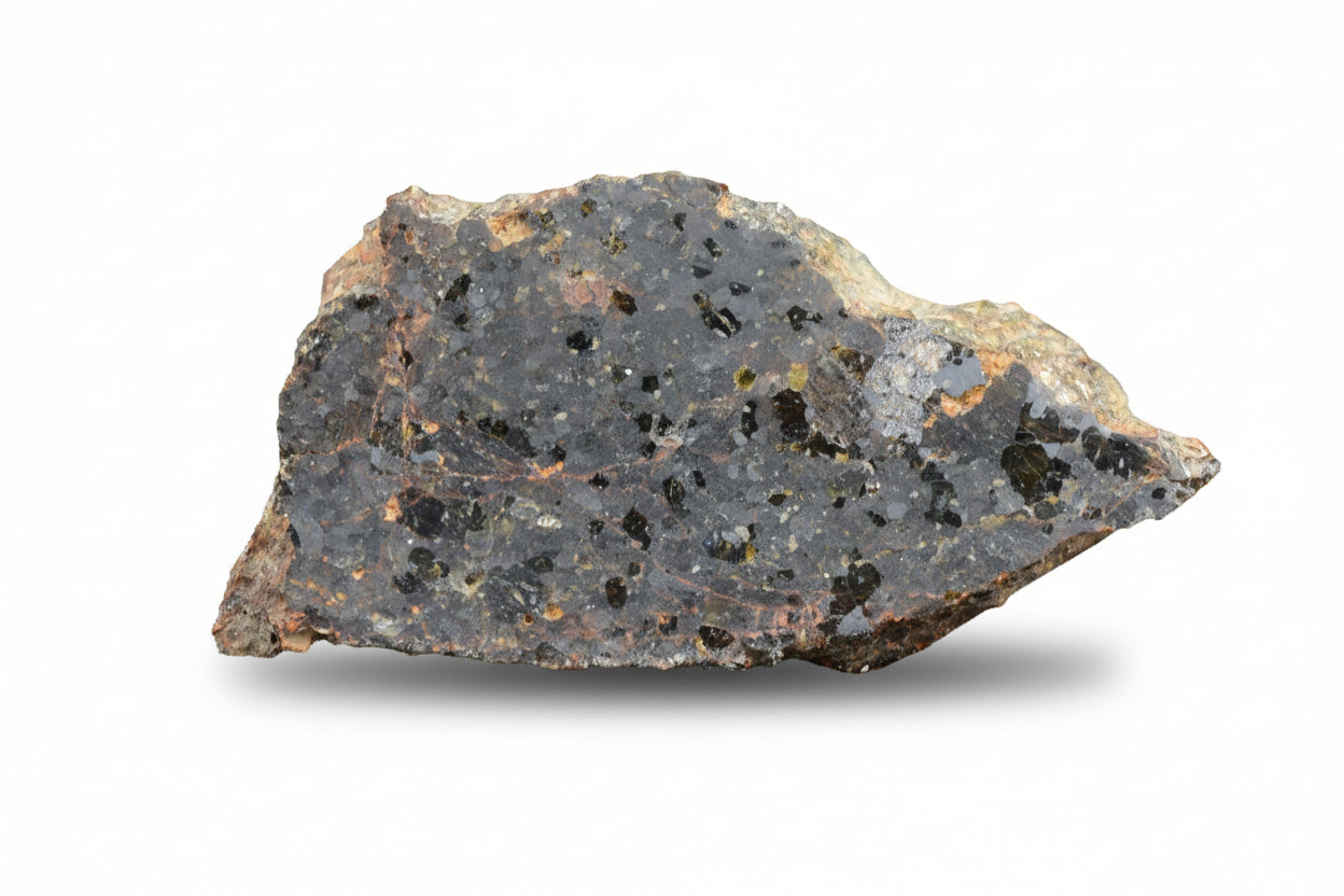 Brachinite NWA 11756 meteorite slice showing gray and metallic mineral textures, weight 1.52 grams.