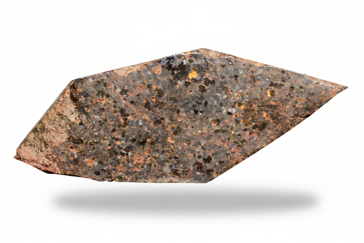 Brachinite NWA 11756 meteorite slice showing dark fusion crust and metallic mineral inclusions, weighing 3.27 grams.