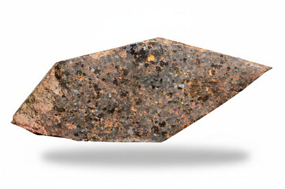 Brachinite NWA 11756 meteorite slice showing dark fusion crust and metallic mineral inclusions, weighing 3.27 grams.