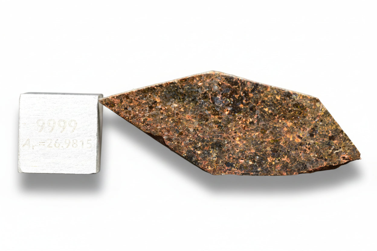 Brachinite meteorite slice NWA 11756, 3.27 grams, showing metallic and mineral textures, from Buy Meteorite, LLC.