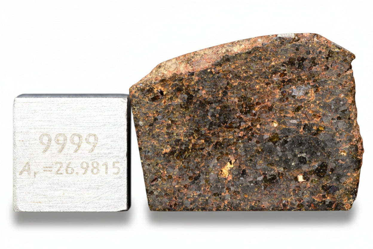 Brachinite NWA 11756 meteorite slice showing dark fusion crust and metallic mineral inclusions, weighs 3.07 grams.