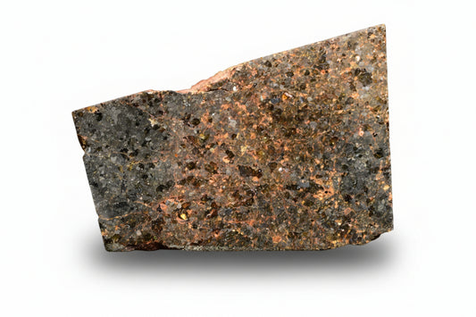 Brachinite NWA 11756 meteorite slice showing dark fusion crust and metallic mineral interior, weighing 3.59 grams.