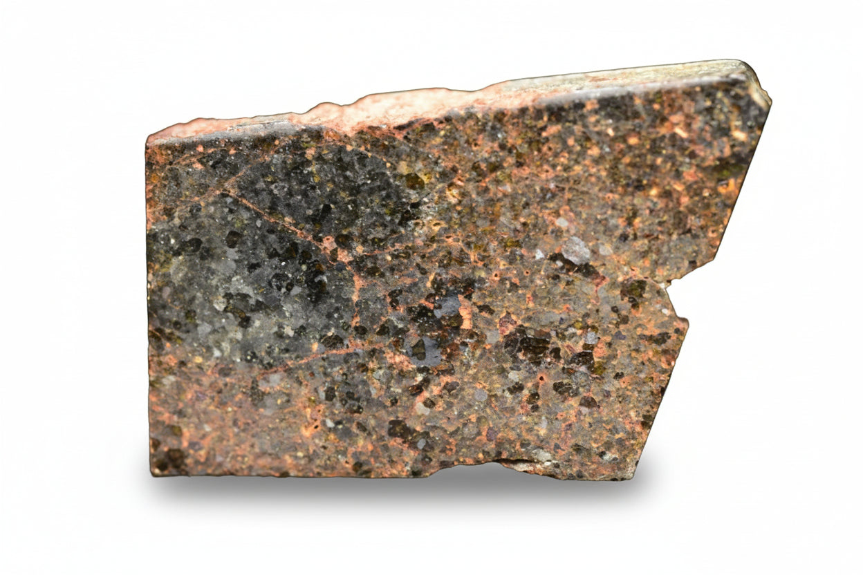 Brachinite NWA 11756 meteorite slice showing metallic and silicate mineral textures, weighing 3.22 grams.