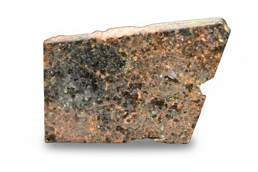 Brachinite NWA 11756 meteorite slice showing metallic and silicate mineral textures, weighing 3.22 grams.
