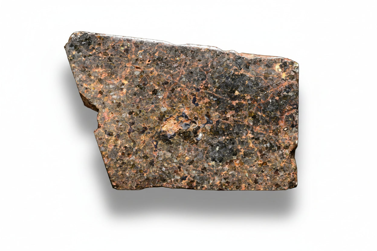 Brachinite NWA 11756 meteorite slice showing metallic and crystalline textures, weighing 3.22 grams, from Buy Meteorite, LLC.