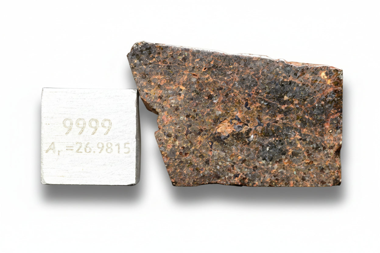 Slice of Brachinite NWA 11756 meteorite showing metallic and silicate textures, weighing 3.22 grams, from Buy Meteorite, LLC.