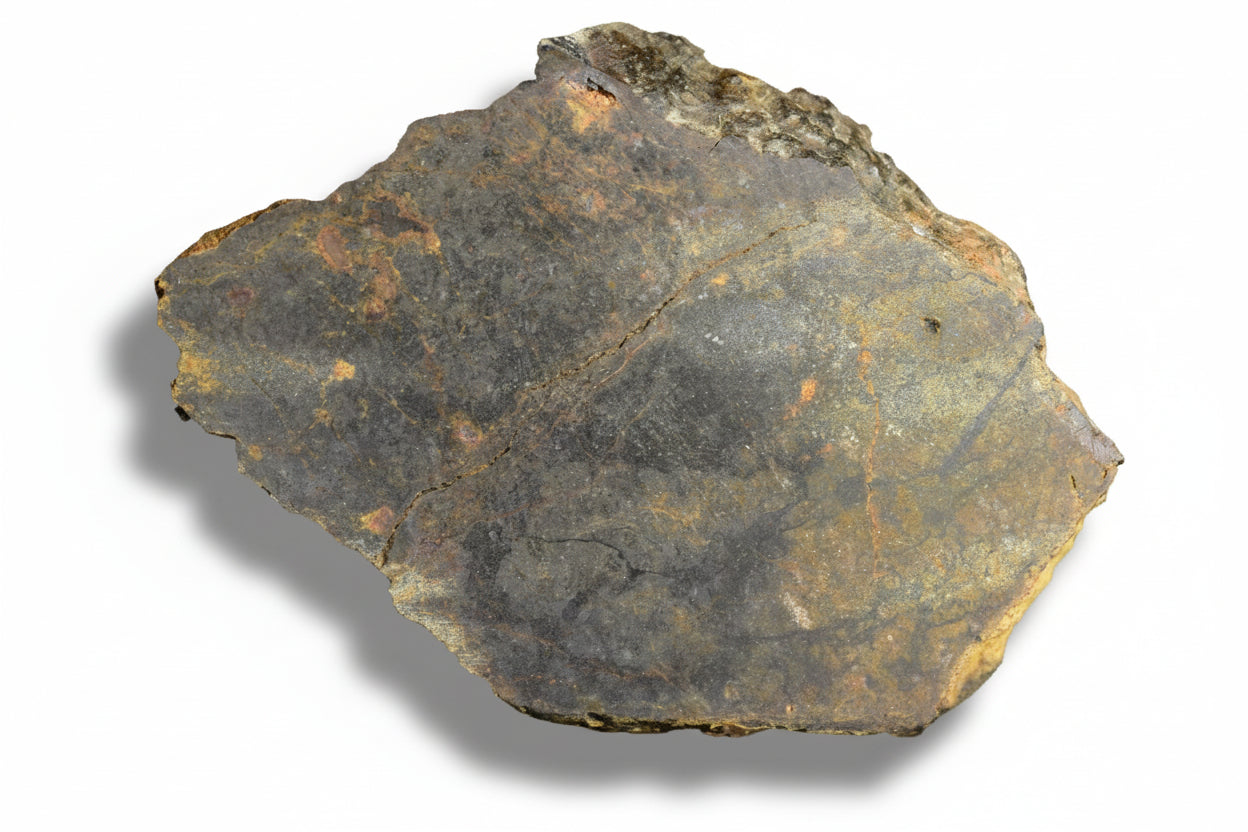 NWA 13272 ungrouped achondrite meteorite slice weighing 6.03 grams, showing dark mineral matrix and unique planetary surface features.