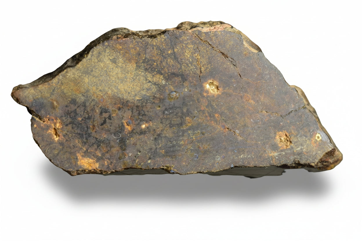 NWA 13272 ungrouped achondrite meteorite slice weighing 7.23g, featuring dark mineral patterns and a rough textured surface.