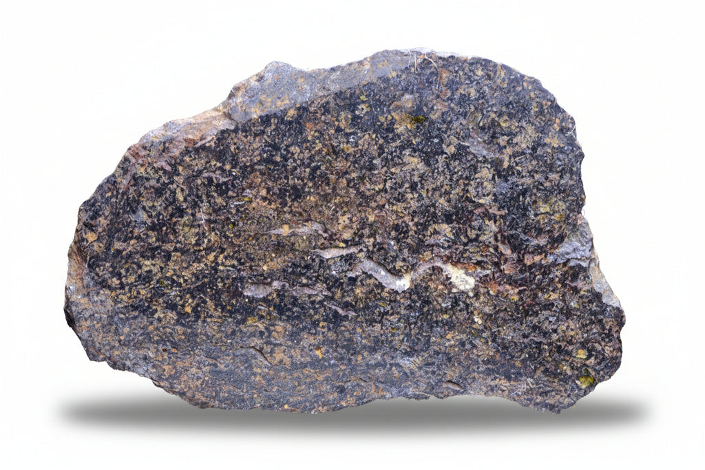 NWA 14867 Mesosiderite meteorite endcut slice 9.9g showing silicate and metal matrix from Morocco.