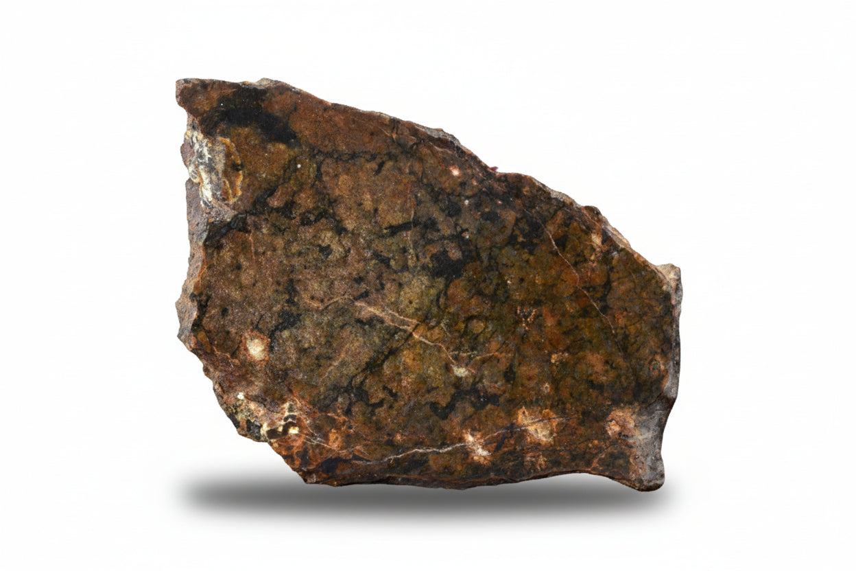Polished NWA 13272 ungrouped achondrite meteorite slice, 2.65g, showcasing metallic and mineral textures for sale.