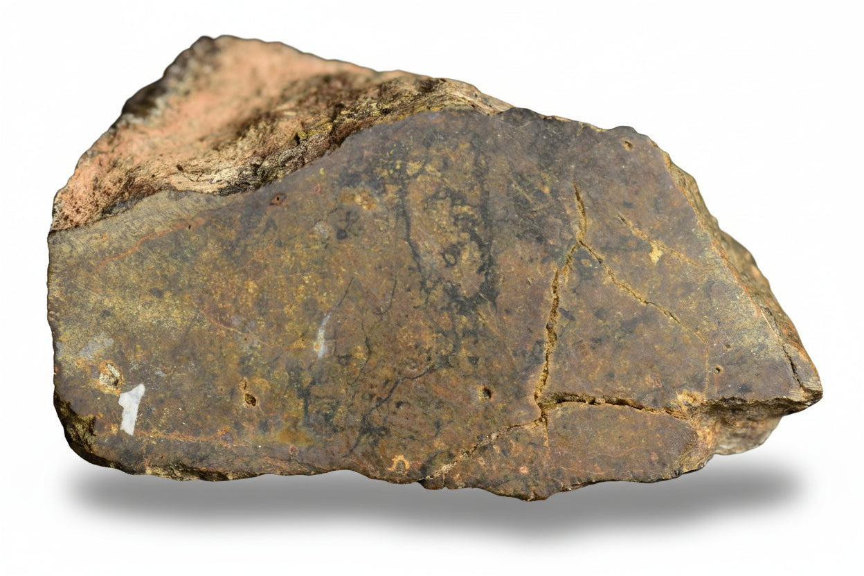Large NWA 13272 ungrouped achondrite meteorite endcut, natural space rock with rough, dark surface and mineral textures.