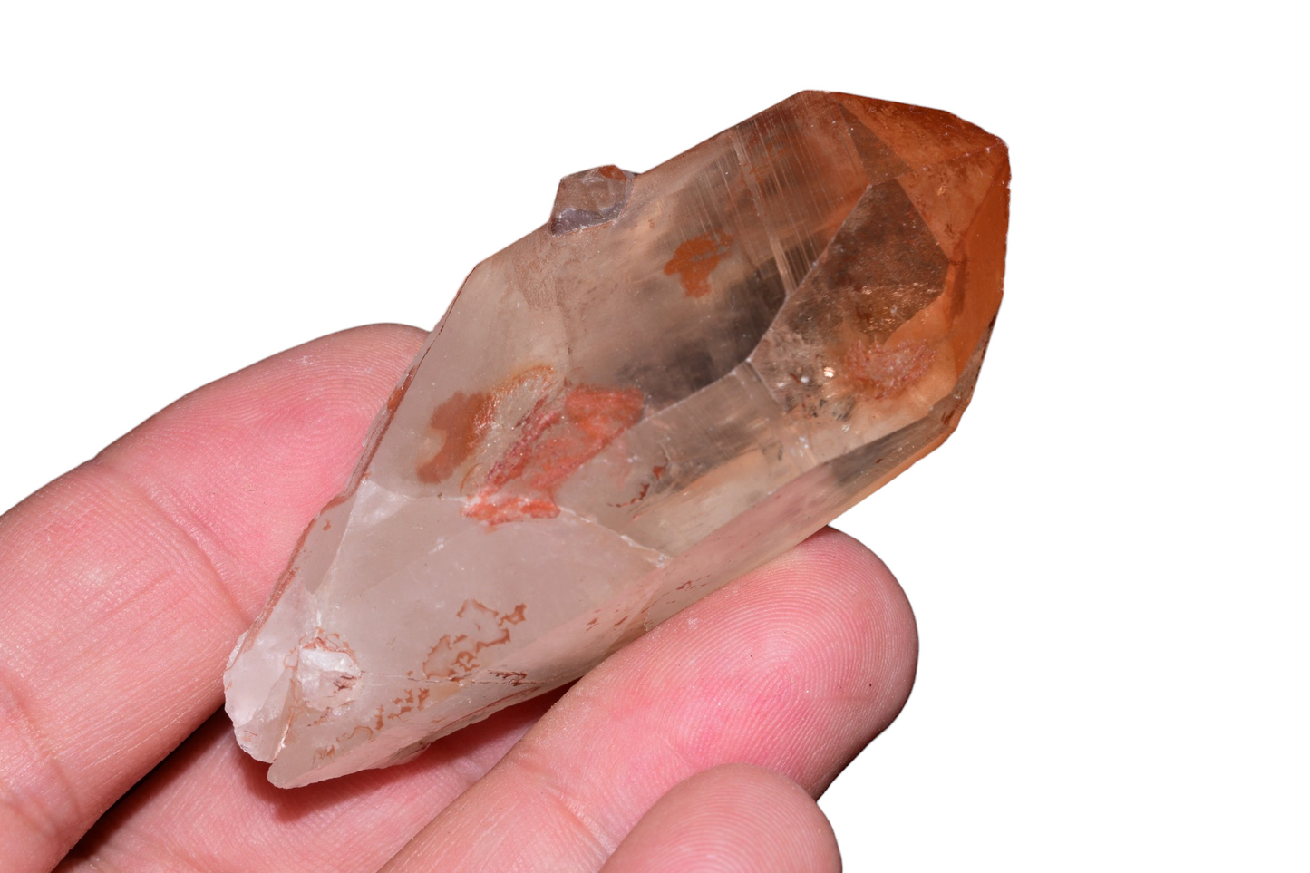 Top-down view of red Ferruginous Quartz cluster from Tinejdad, Morocco, showing multiple terminated points