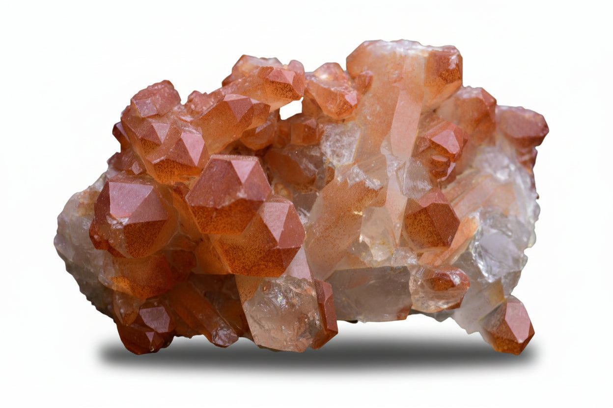 Red ferruginous quartz crystal cluster from Tinejdad, Morocco with iron oxide coloration and natural crystal terminations.
