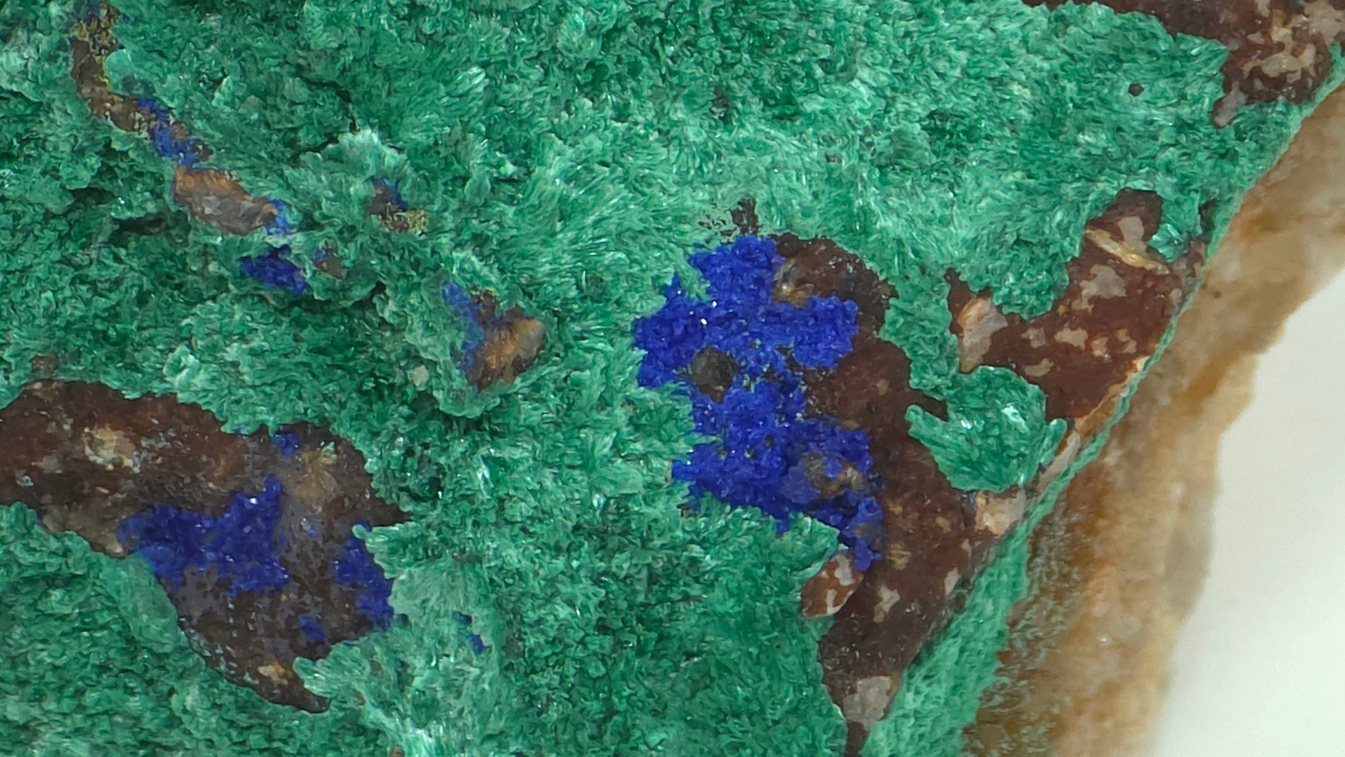 Natural Malachite with Azurite on Quartz – Mibladen, Morocco, specimen side profile