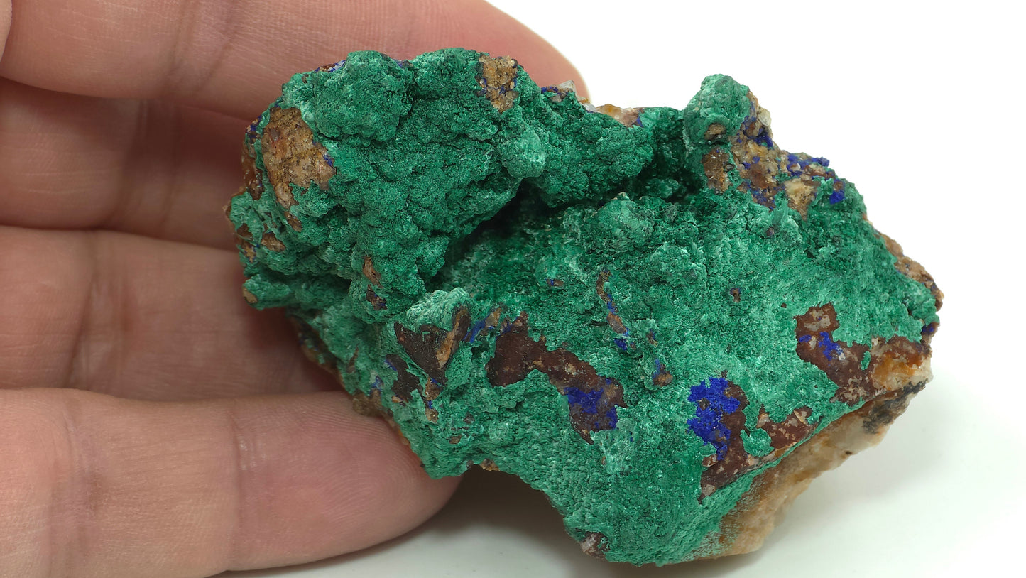 Natural Malachite with Azurite on Quartz – Mibladen, Morocco, reverse side showing azurite and quartz matrix