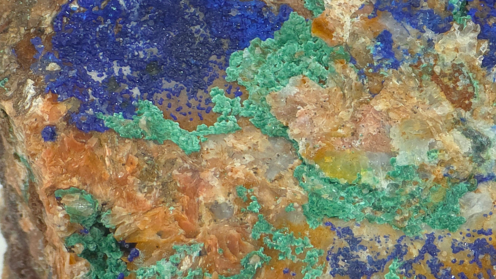 Natural Malachite with Azurite on Quartz – Mibladen, Morocco, velvety malachite surface with azurite pockets macro