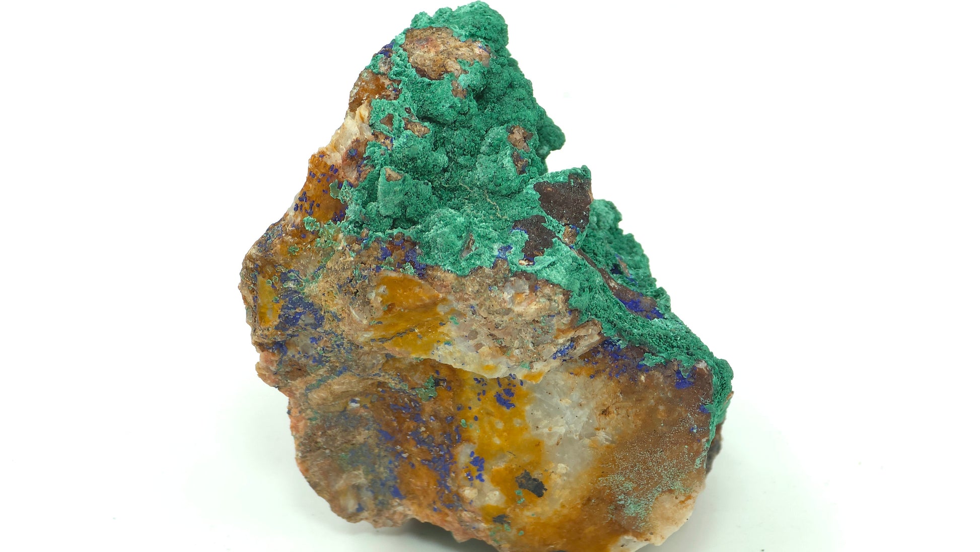 Natural Malachite with Azurite on Quartz – Mibladen, Morocco, full specimen on white background
