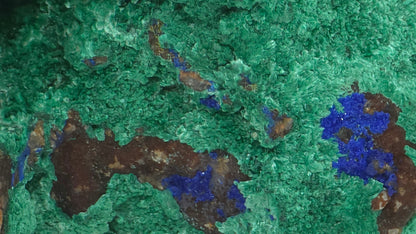 Natural Malachite with Azurite on Quartz – Mibladen, Morocco, hand-held specimen showing size