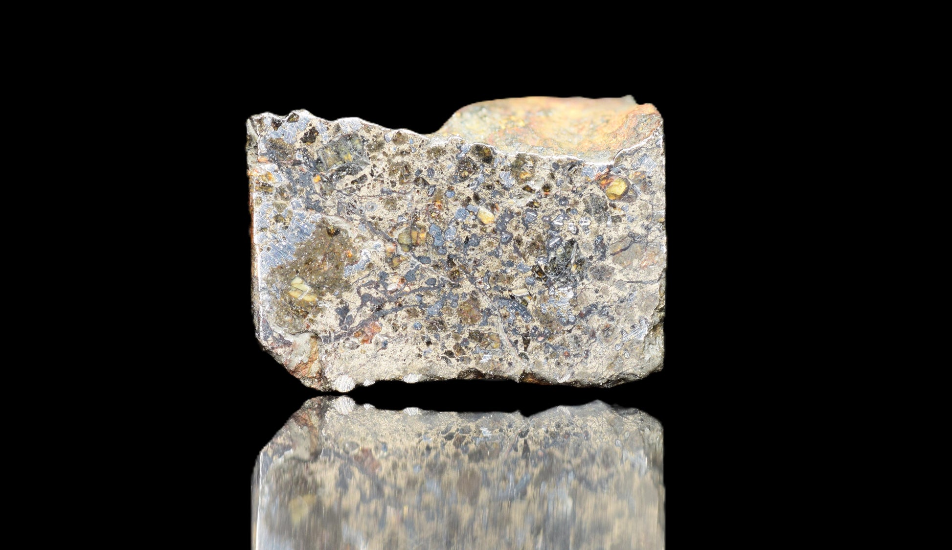 Talsint mesosiderite meteorite slice 0.70 g from Morocco showing brecciated silicate and metal matrix