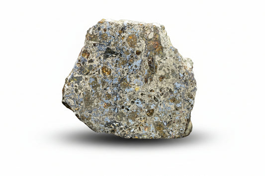 Talsint mesosiderite meteorite slice 0.88 g showing brecciated silicate and metal matrix