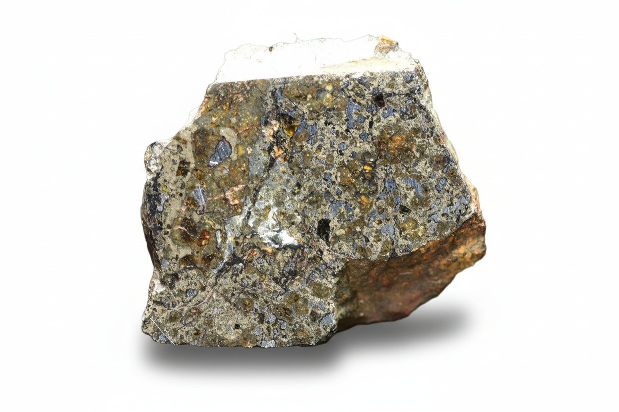 Talsint mesosiderite meteorite slice 0.88 g showing brecciated silicate and metal matrix