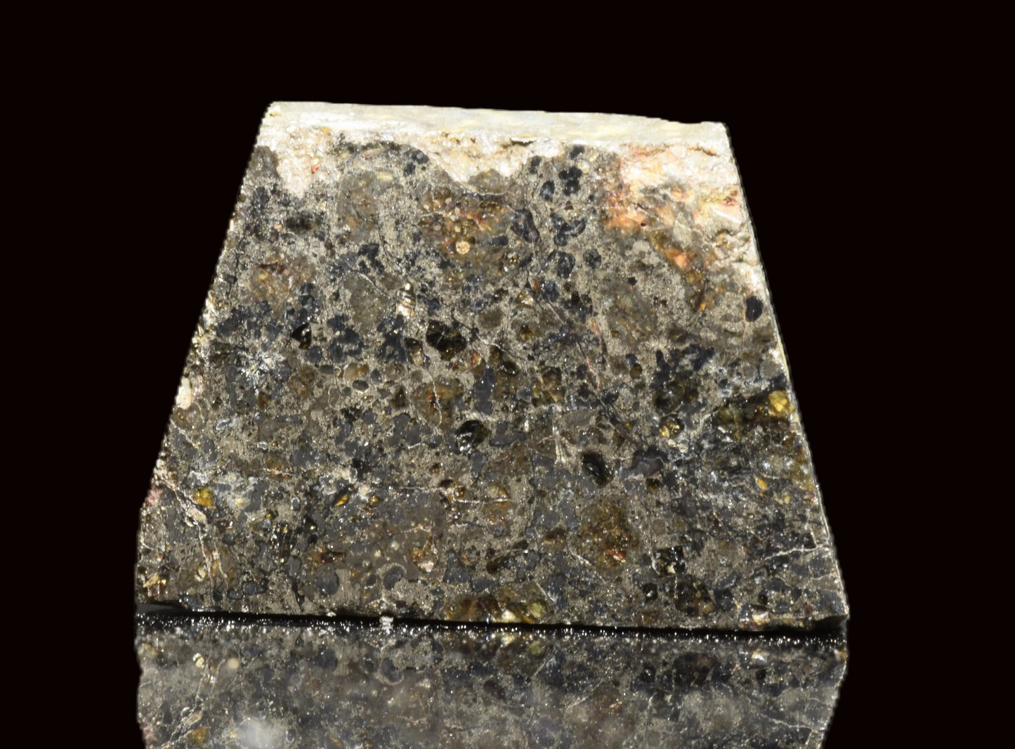 Talsint mesosiderite meteorite slice 1.01 g showing brecciated silicate and metal matrix