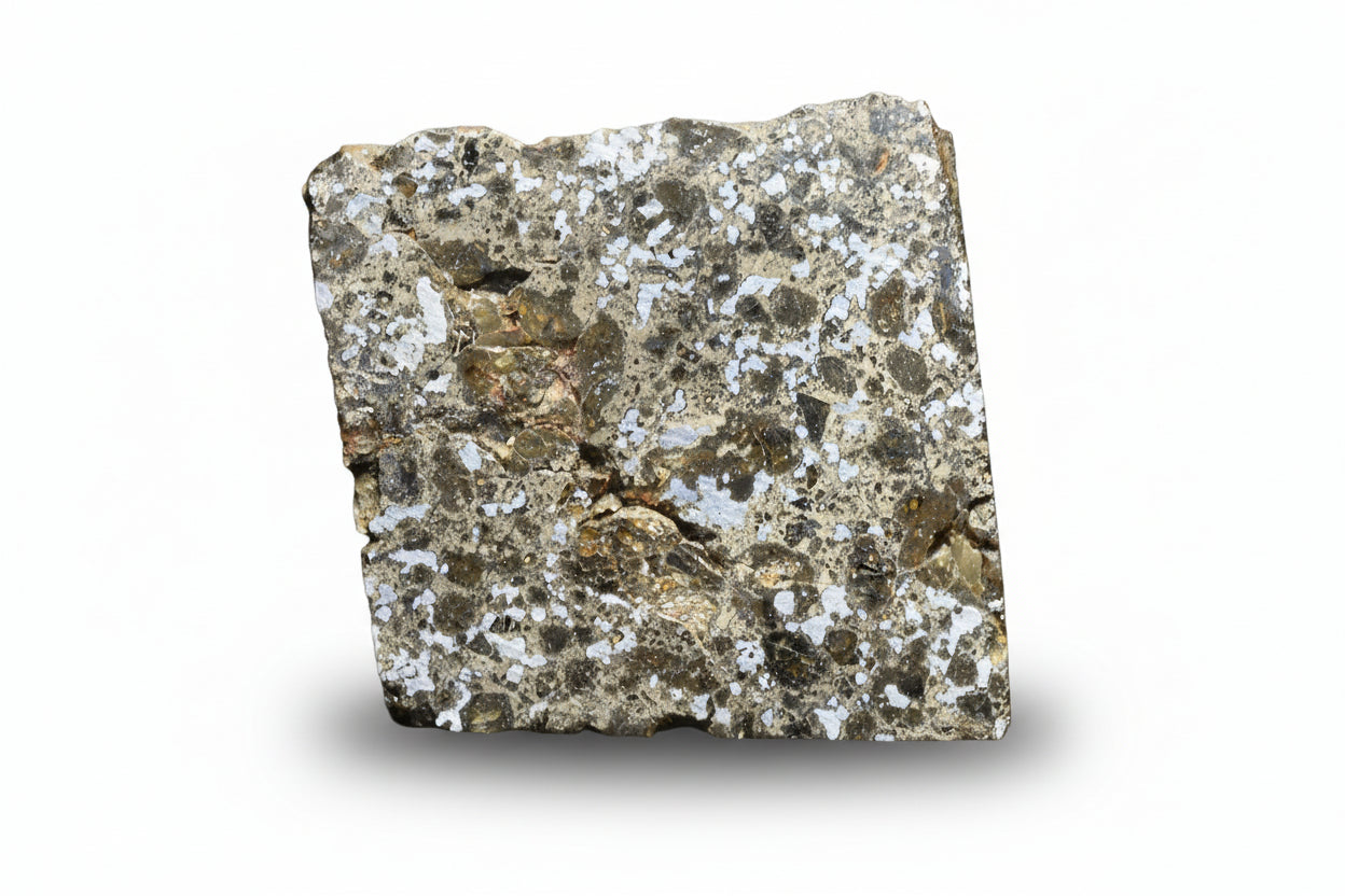 Talsint mesosiderite meteorite slice 1.39 g showing brecciated silicate and metal matrix