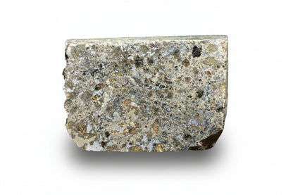 Talsint mesosiderite meteorite slice 1.41 g showing brecciated silicate and metal matrix
