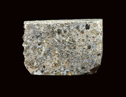 Talsint mesosiderite meteorite slice 1.41 g showing brecciated silicate and metal matrix
