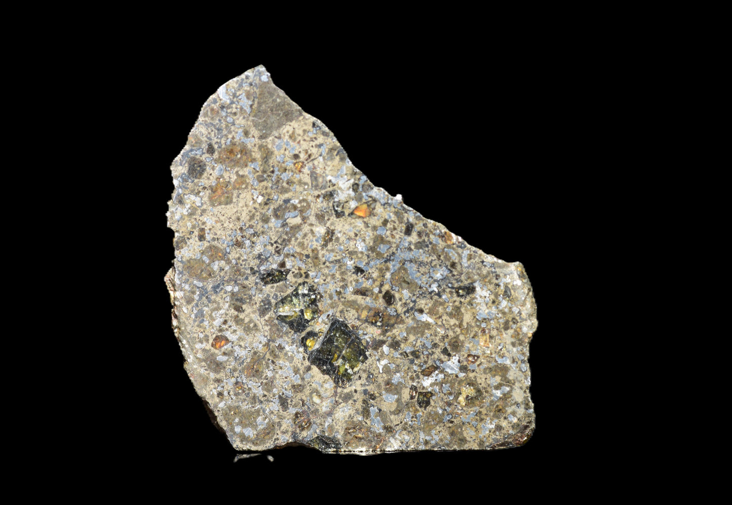 Talsint mesosiderite meteorite slice 0.70 g showing brecciated silicate and iron nickel matrix