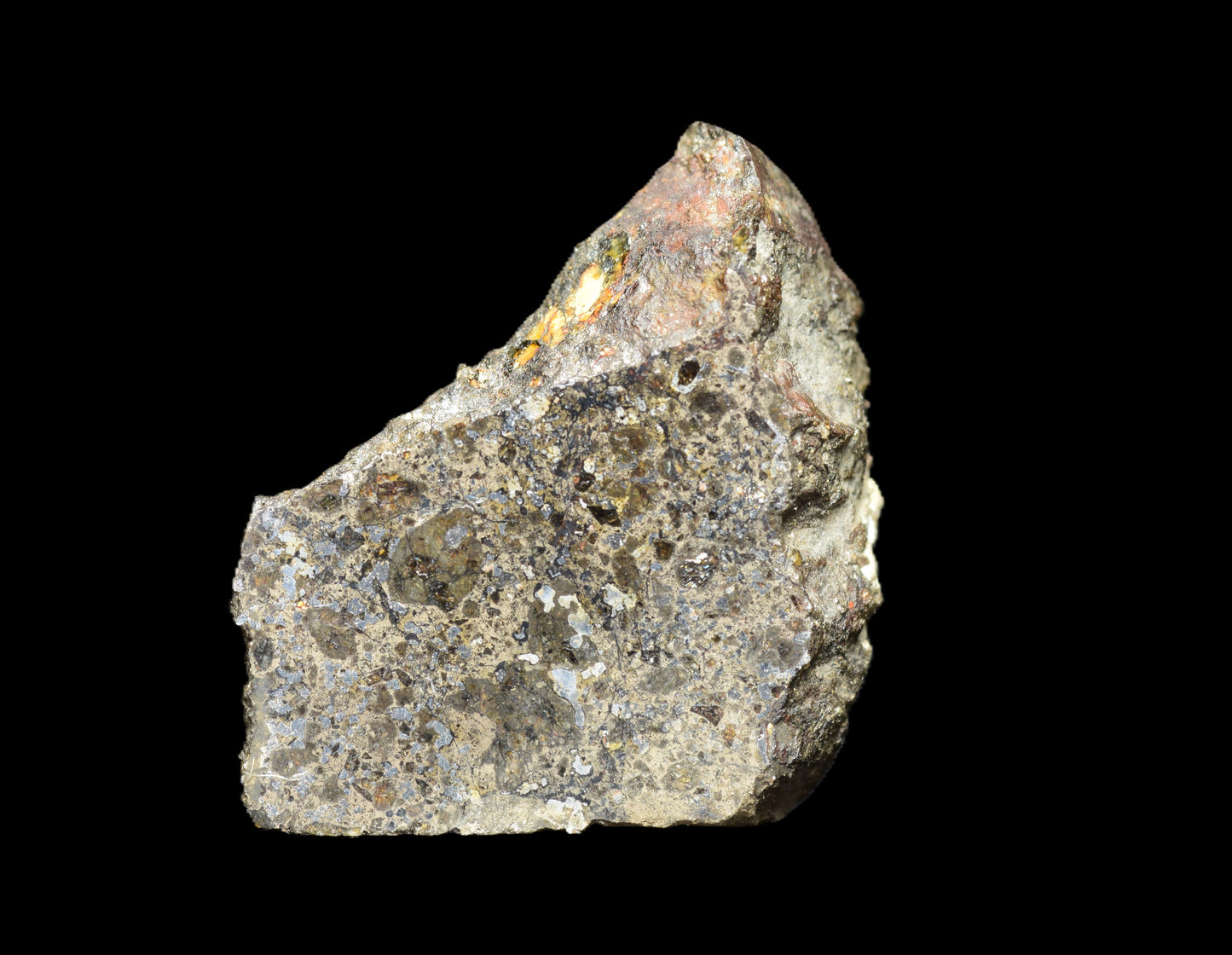Talsint mesosiderite meteorite slice 0.70 g showing brecciated silicate and iron nickel matrix